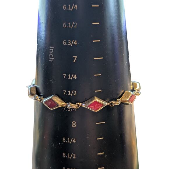 925 Sterling Silver Mexico Red Coral Inlay Diamond Shape Link Box Clasp Bracelet - Picture 3 of 7